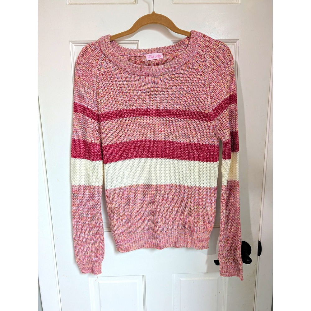 Pink Lily Pink/Burgundy/White Striped Knit Crew Neck Ribbed Trim Sweater S